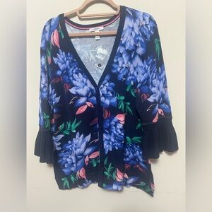 Isaac Mizrahi Live Floral Bell Sleeve Cardigan Sweater Navy M